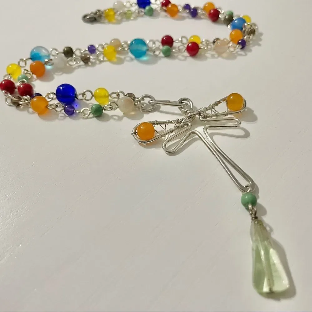 Handmade‎ Silver Dragonfly Rainbow Glass Beaded Necklace Long